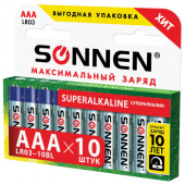 Батарейка AAA (LR03) (мизинчик.) SONNEN, 10шт/упак, Super Alkaline, в коробке, 454232