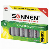 Батарейка AA (LR06) (пальчик.) SONNEN, 10шт/упак, Super Alkaline, в коробке, 454231