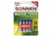 Батарейка мизинчиковая (AAA) LR03 SONNEN, 4шт/упак, Super Alkaline в блистере