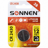 Батарейка CR2430 SONNEN Lithium, 3V, 1шт/блистер, 455600